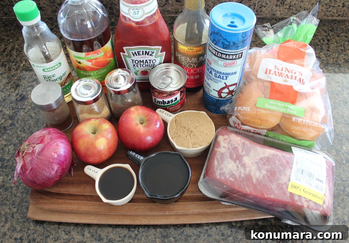 Slow-Cooked BBQ Brisket Sandwich with Smoky Sauce 3 ingredients for bbq brisket sandwiches on a wood board