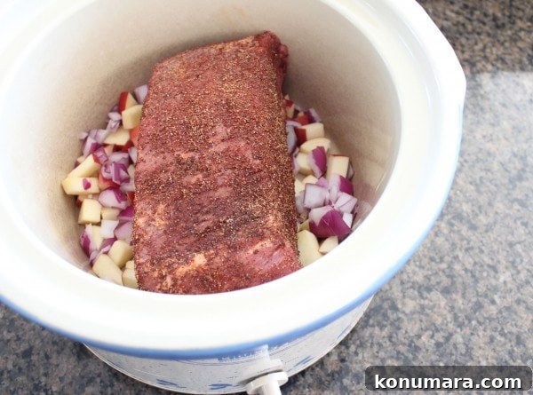 Slow-Cooked BBQ Brisket Sandwich with Smoky Sauce 6 seasoned brisket in a crock pot on top of diced onions and apples