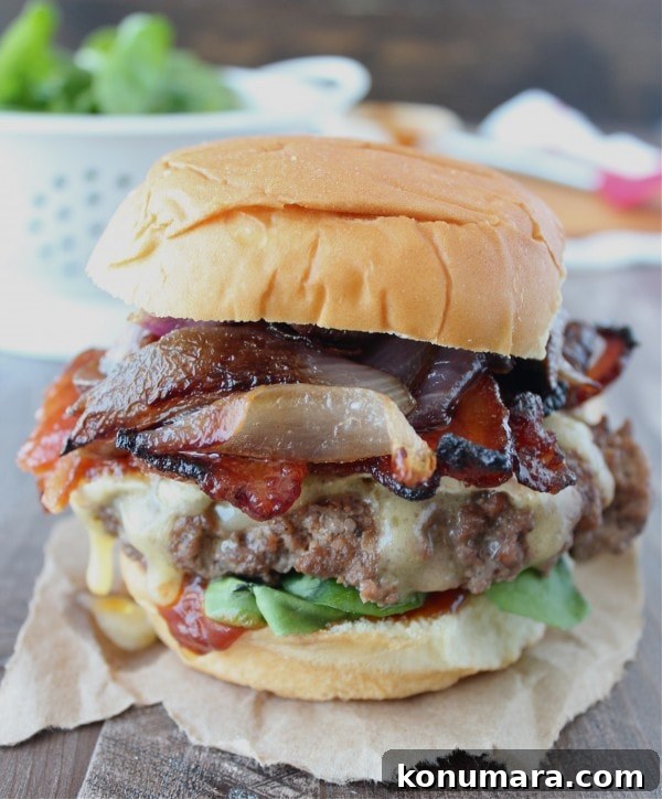 Sriracha Candied Bacon Cheeseburger with Melted Brie 6 Sriracha Candied Bacon Caramelized Onion Brie Cheeseburgers