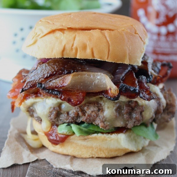 Sriracha Candied Bacon Cheeseburger with Melted Brie 8 Sriracha Candied Bacon Brie Cheeseburgers