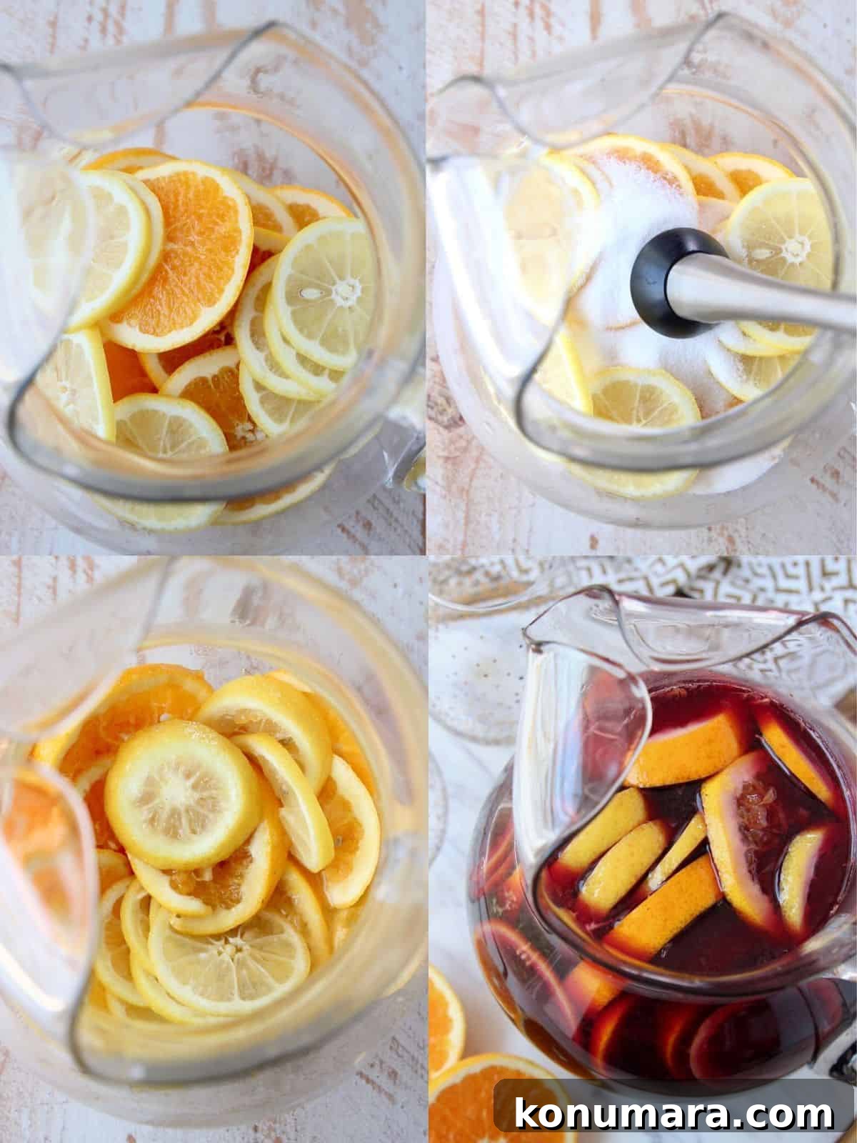 How to Make Classic Red Sangria with Citrus and Berries 6 Collage of images showing how to make red wine sangria