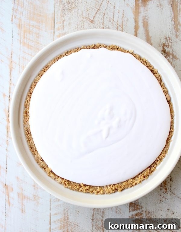 prepared pink lemonade pie with a graham cracker crust in a pie plate on a white wooden surface