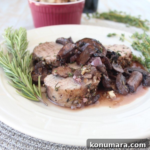 Herb Rubbed Pork Tenderloin in Red Wine Mushroom Sauce