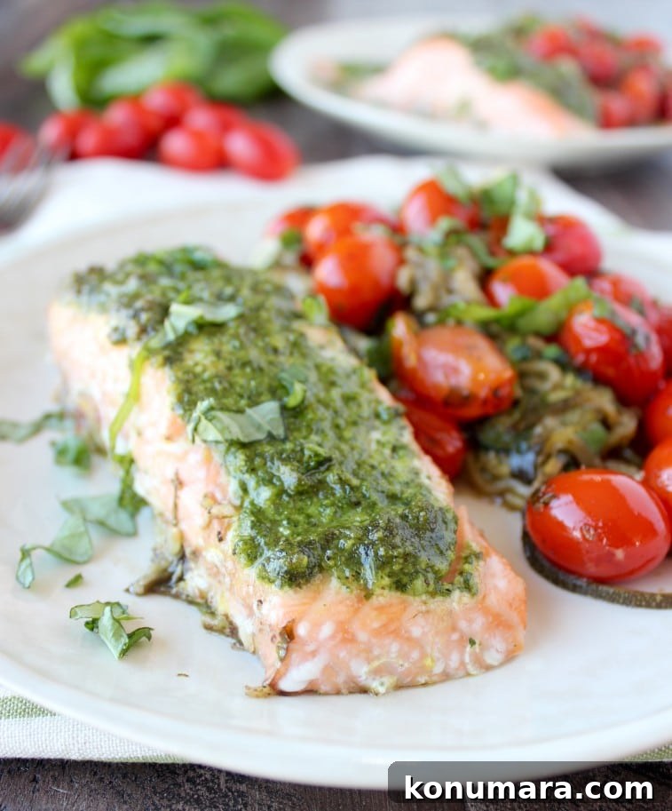 Pesto Baked Salmon with Cherry Tomatoes & Zucchini Noodle Foil Dinner Recipe