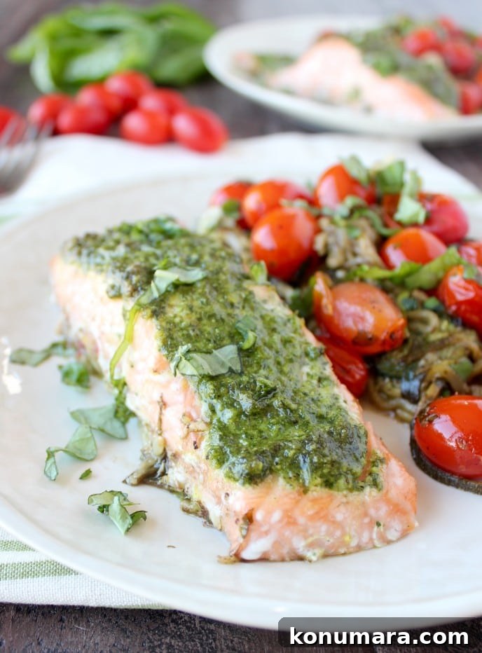 Pesto Baked Salmon Foil Baskets with Zucchini Noodles & Cherry Tomatoes