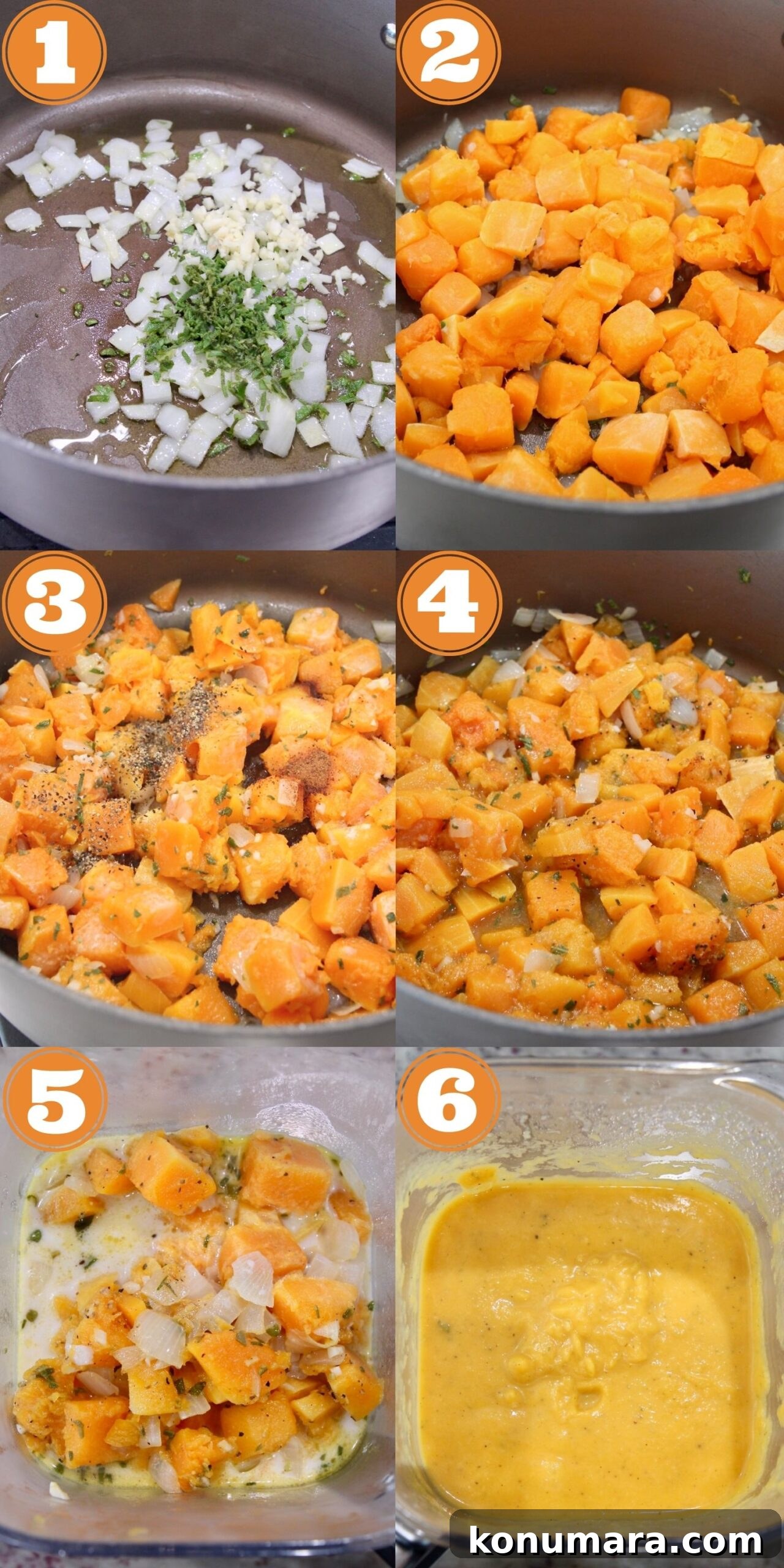 collage of instructional images showing how to make butternut squash sauce