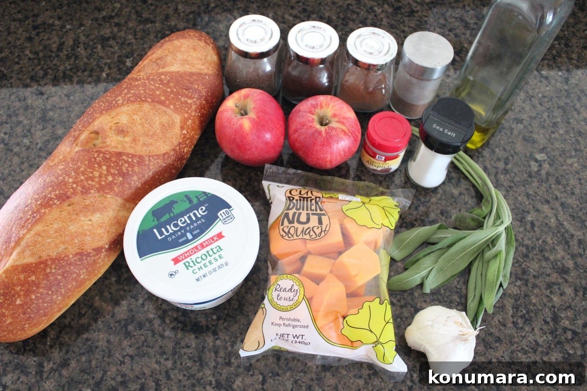 Roasted Butternut Squash and Apple Bruschetta 3 Butternut Squash Apple Bruschetta Ingredients on granite countertop