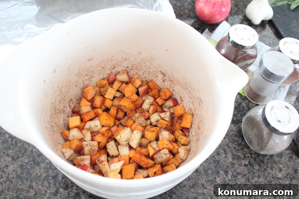 Roasted Butternut Squash and Apple Bruschetta 4 seasoned diced butternut squash and apples in large bowl