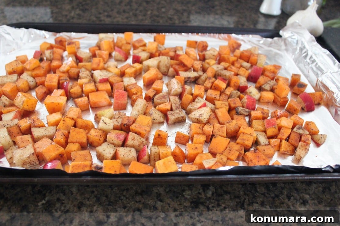 Roasted Butternut Squash and Apple Bruschetta 5 seasoned diced butternut squash and apples on foil-lined baking sheet