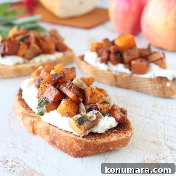 Roasted Butternut Squash and Apple Bruschetta 6 Diced Roasted Butternut Squash and apples on top of ricotta cheese on toasted slices of bread