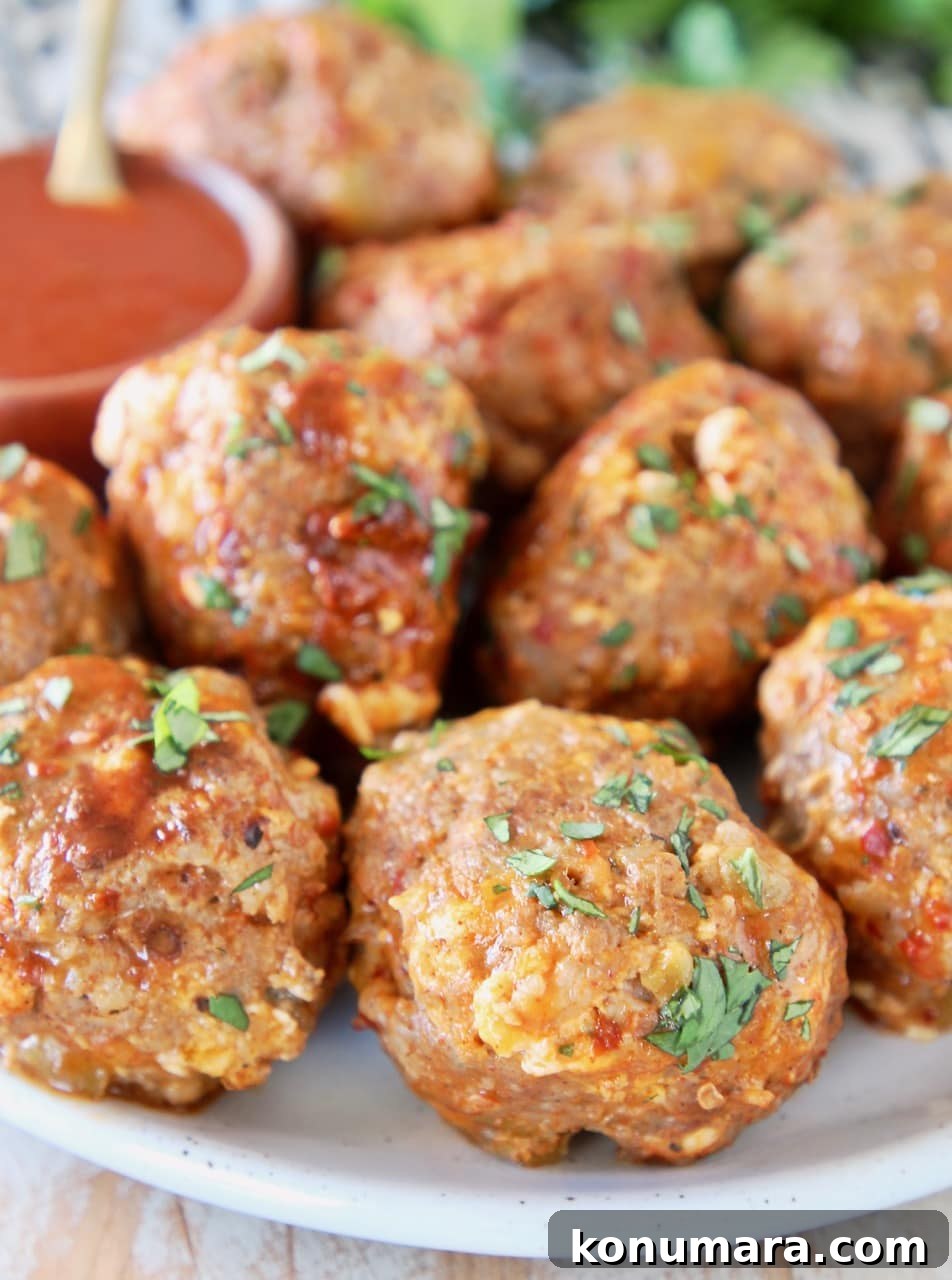 Taco meatballs on plate with small bowl of hot sauce