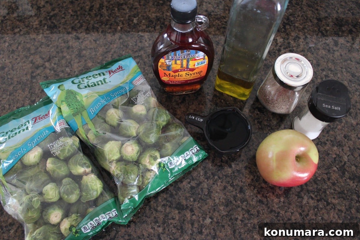 Crispy Maple-Glazed Roasted Brussels Sprouts 3 ingredients for maple roasted brussels sprouts on kitchen counter