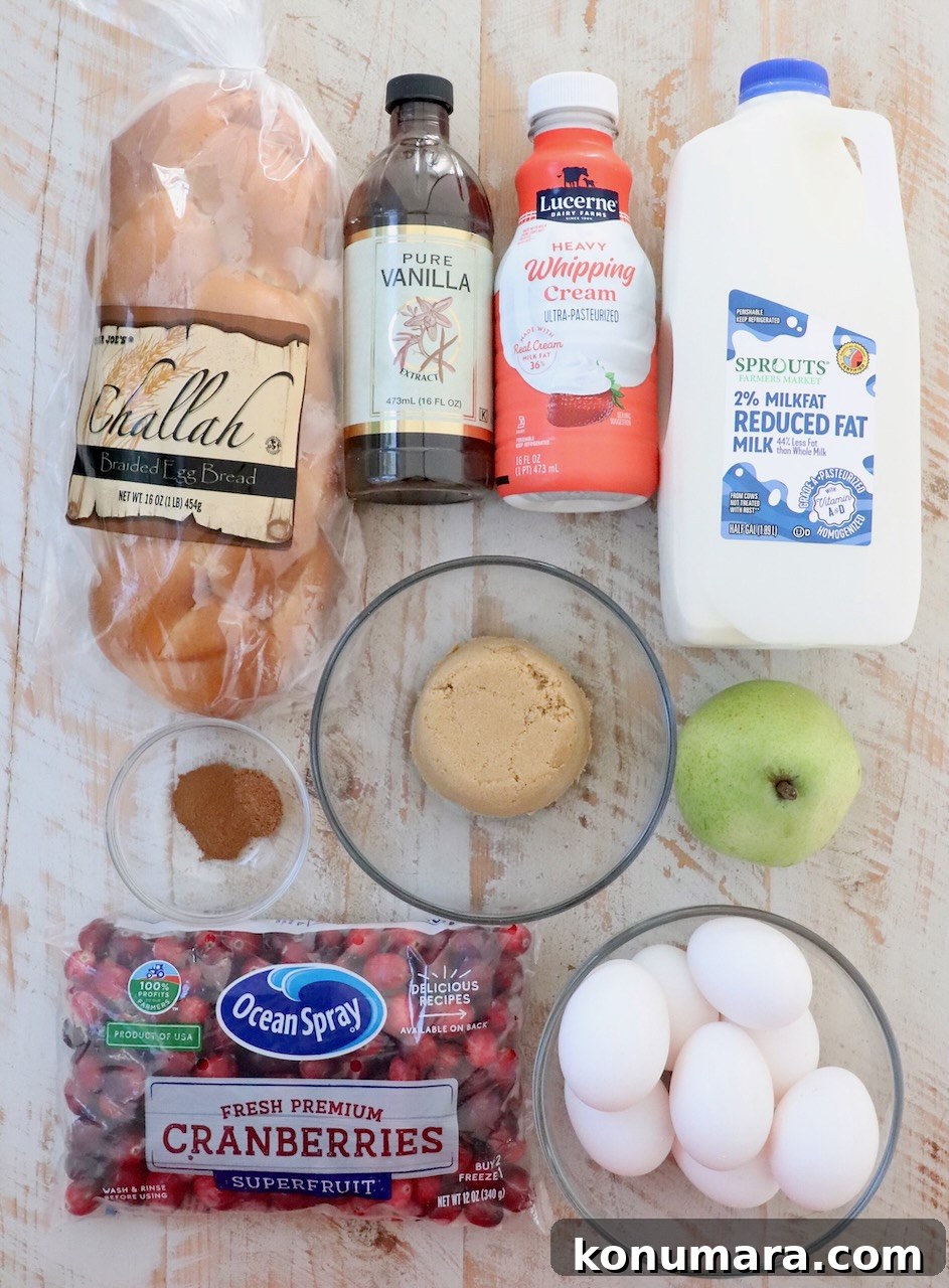 ingredients for french toast bake on a white wood board
