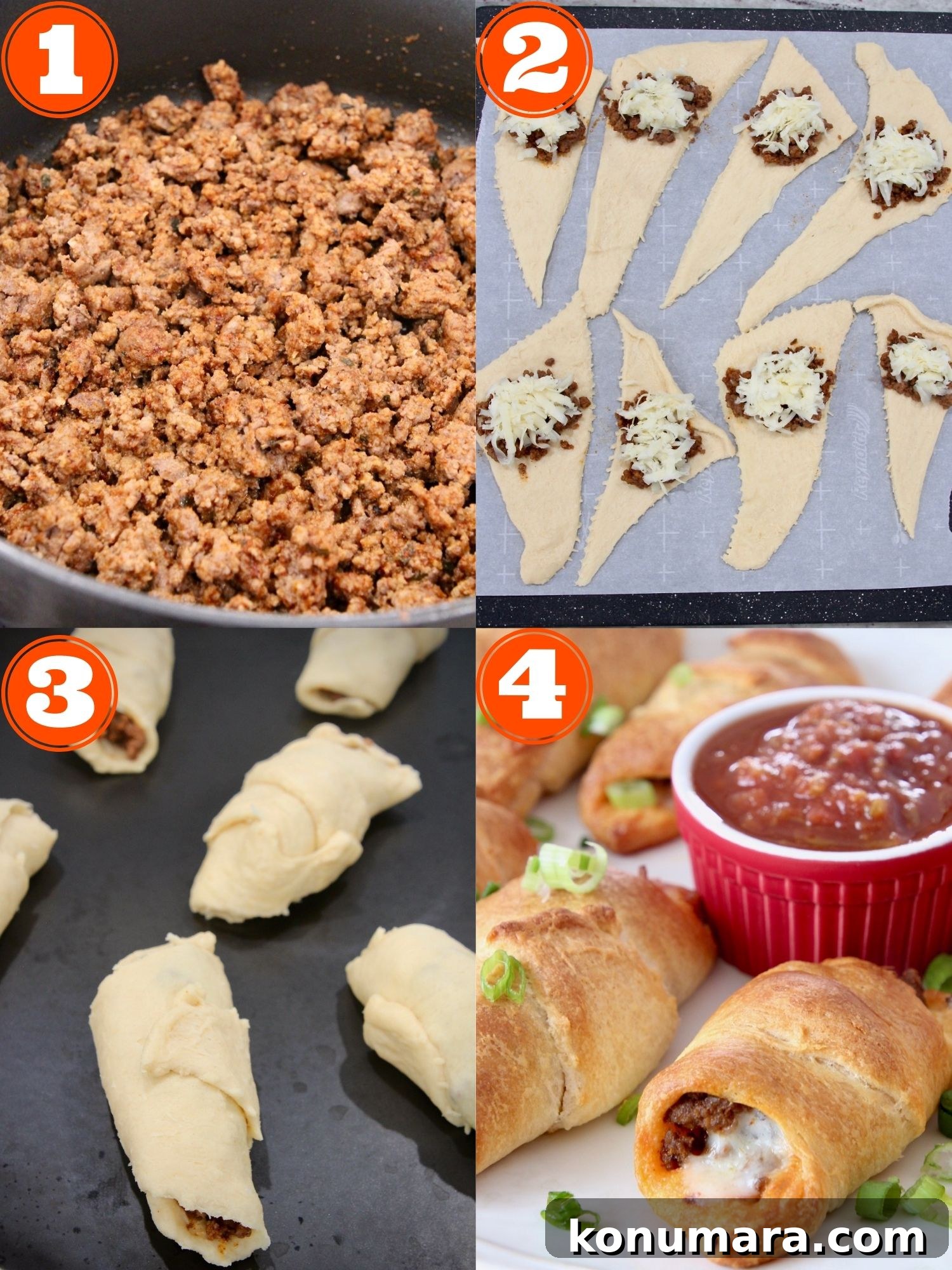 collage of images showing how to make taco crescent rolls