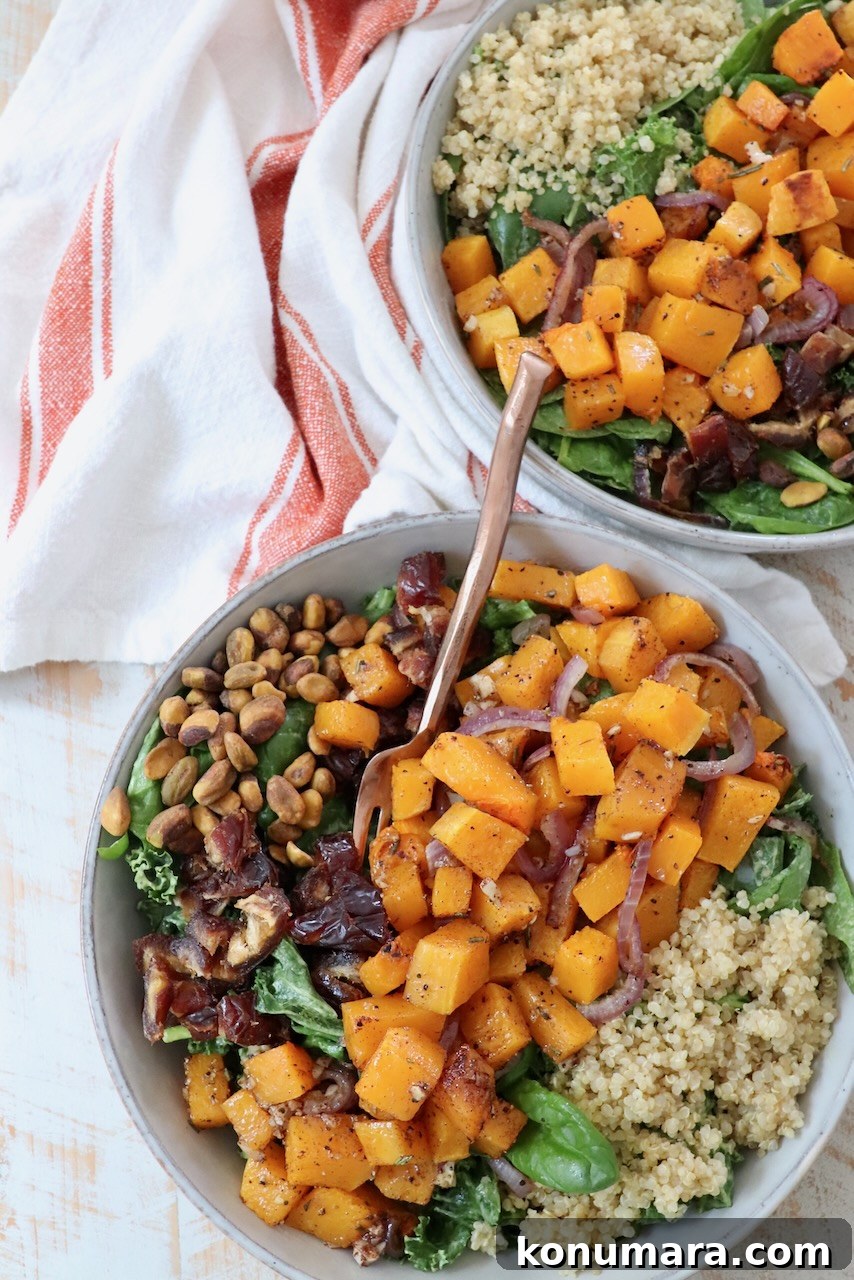 Roasted Butternut Squash Salad with Maple Vinaigrette 8 butternut squash salad in two bowls with forks