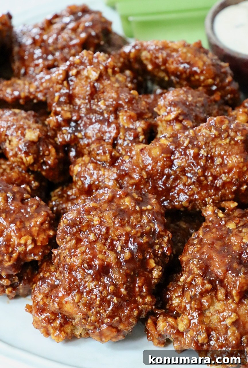 cooked chicken crispers tossed in chipotle honey sauce stacked up on a plate