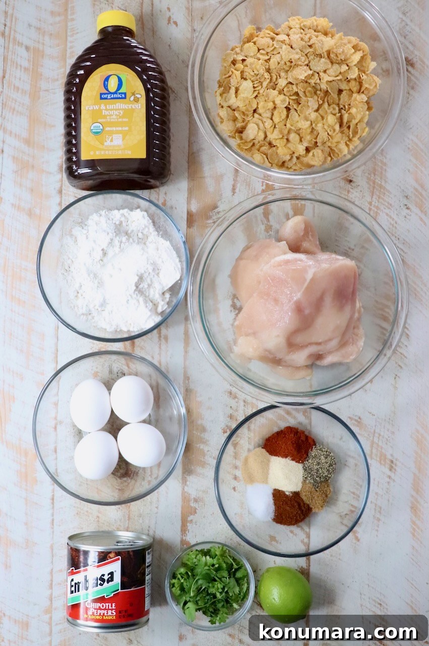 ingredients for honey chipotle chicken crispers on a white wood board