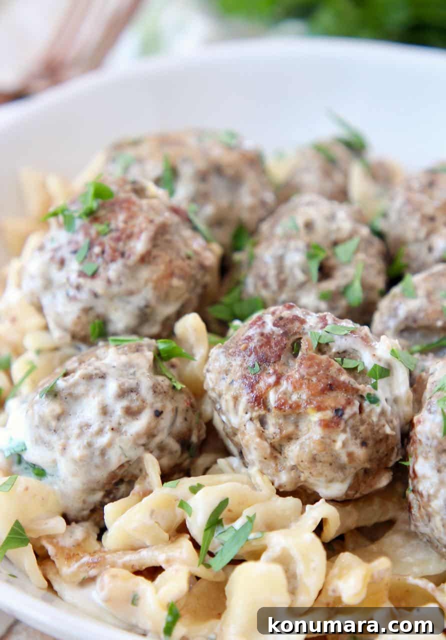 Slow Cooker Swedish Meatballs Recipe with Creamy Gravy 2 Swedish meatballs and egg noodles in bowl