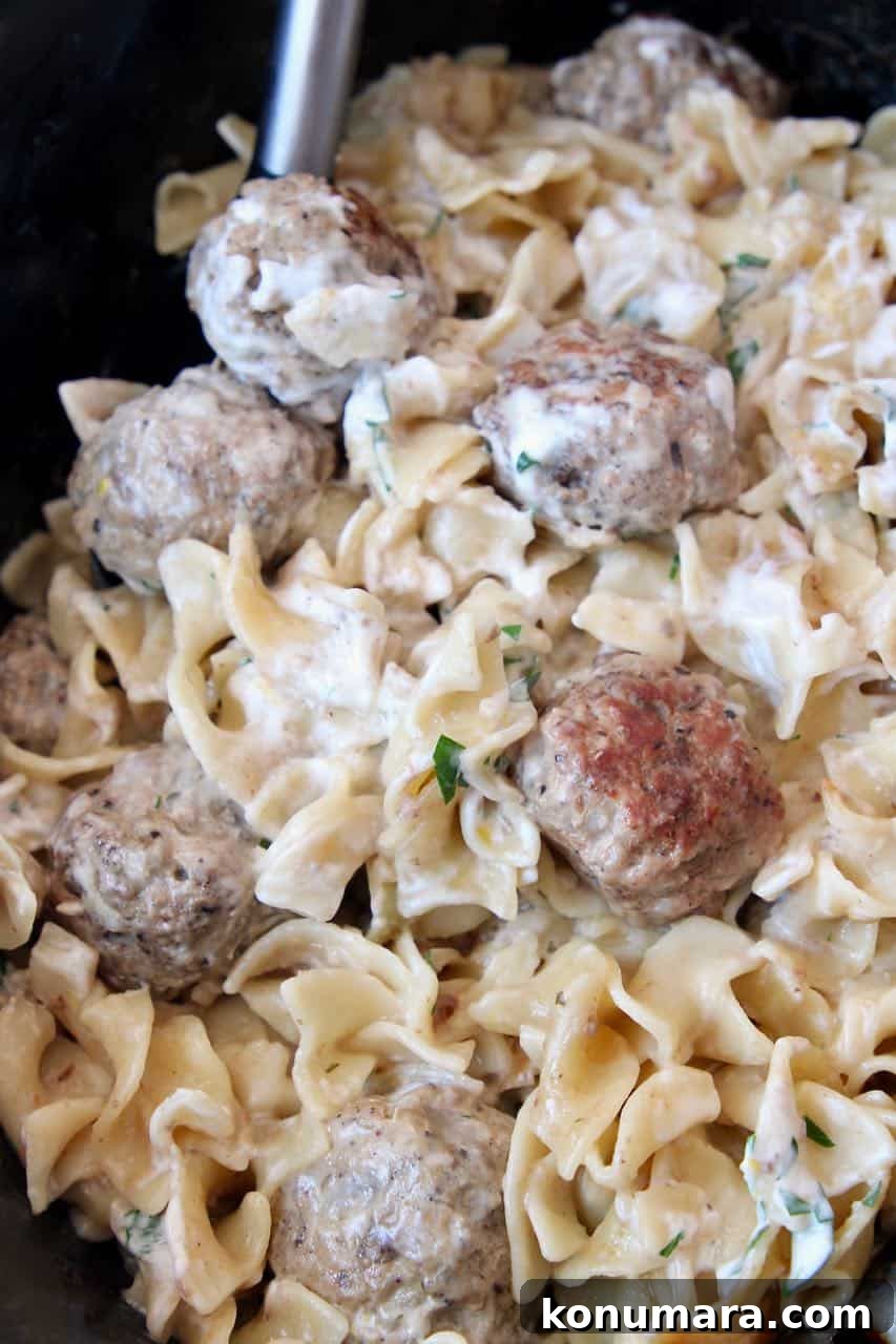 Slow Cooker Swedish Meatballs Recipe with Creamy Gravy 5 Swedish meatballs and egg noodles in crockpot