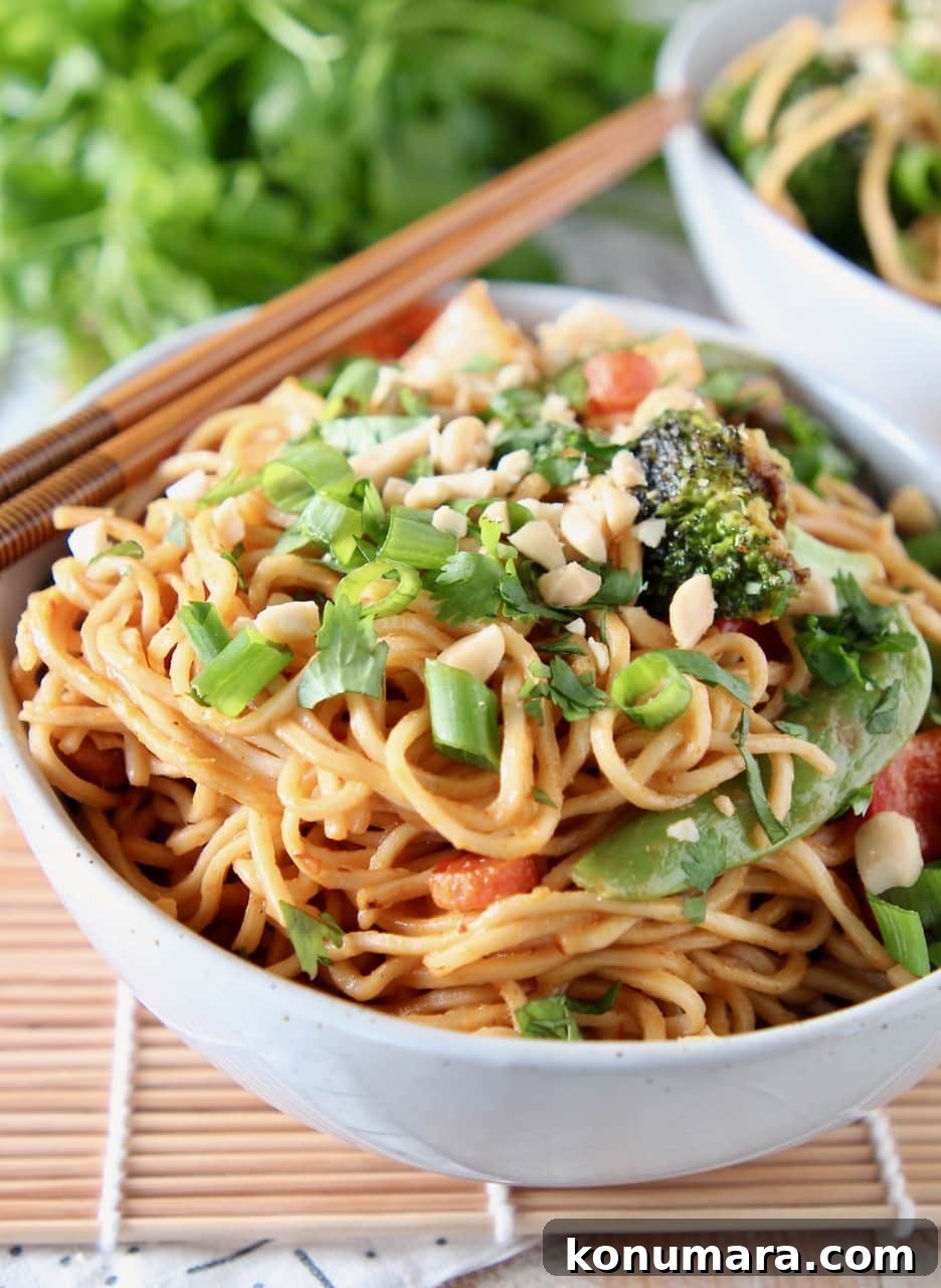Vegetables and noodles in bowl, topped with green onions and peanuts, with chopsticks on the side of the bowl