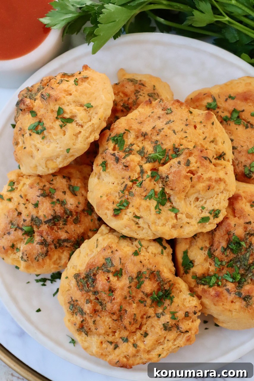 Buffalo Cheddar Biscuits Recipe 6 cheddar biscuits stacked up on a plate with fresh parsley