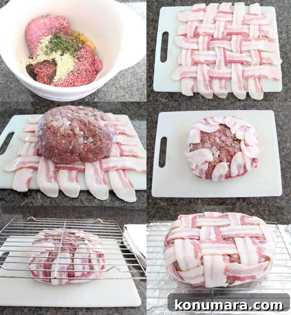 Juicy Bacon-Wrapped Meatloaf Recipe 4 collage of images showing how to make bacon wrapped meatloaf