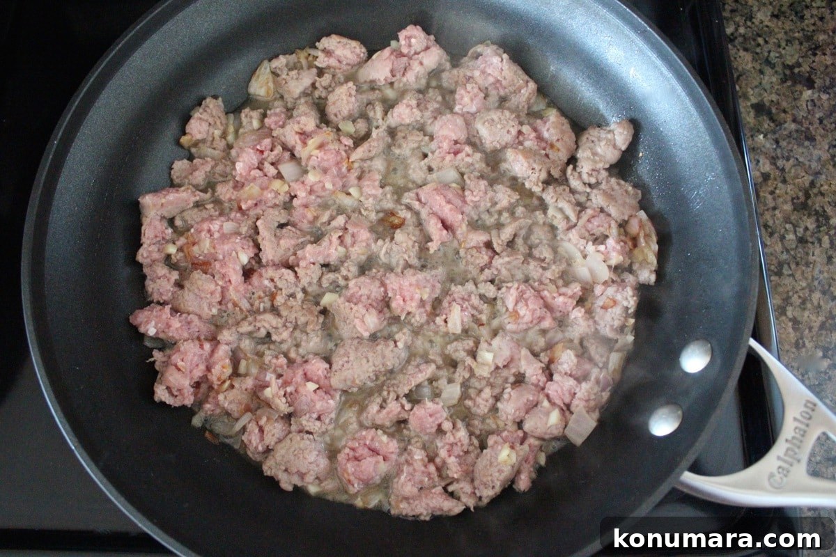 ground turkey sausage in a skillet
