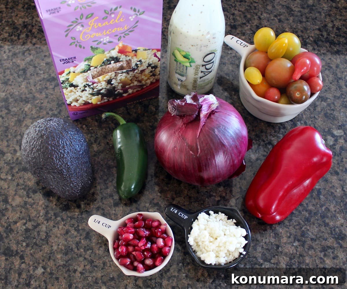 Israeli Couscous and Avocado Salad with Lemon Vinaigrette 3 Couscous Avocado Salad Ingredients on a granite countertop