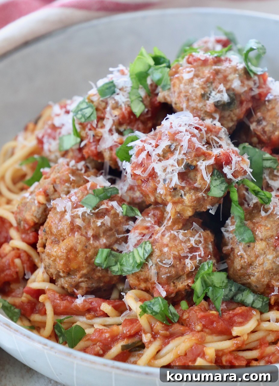 Slow Cooker Meatballs with Marinara Sauce Recipe 2 cooked meatballs in bowl with tomato sauce and cooked spaghetti noodles