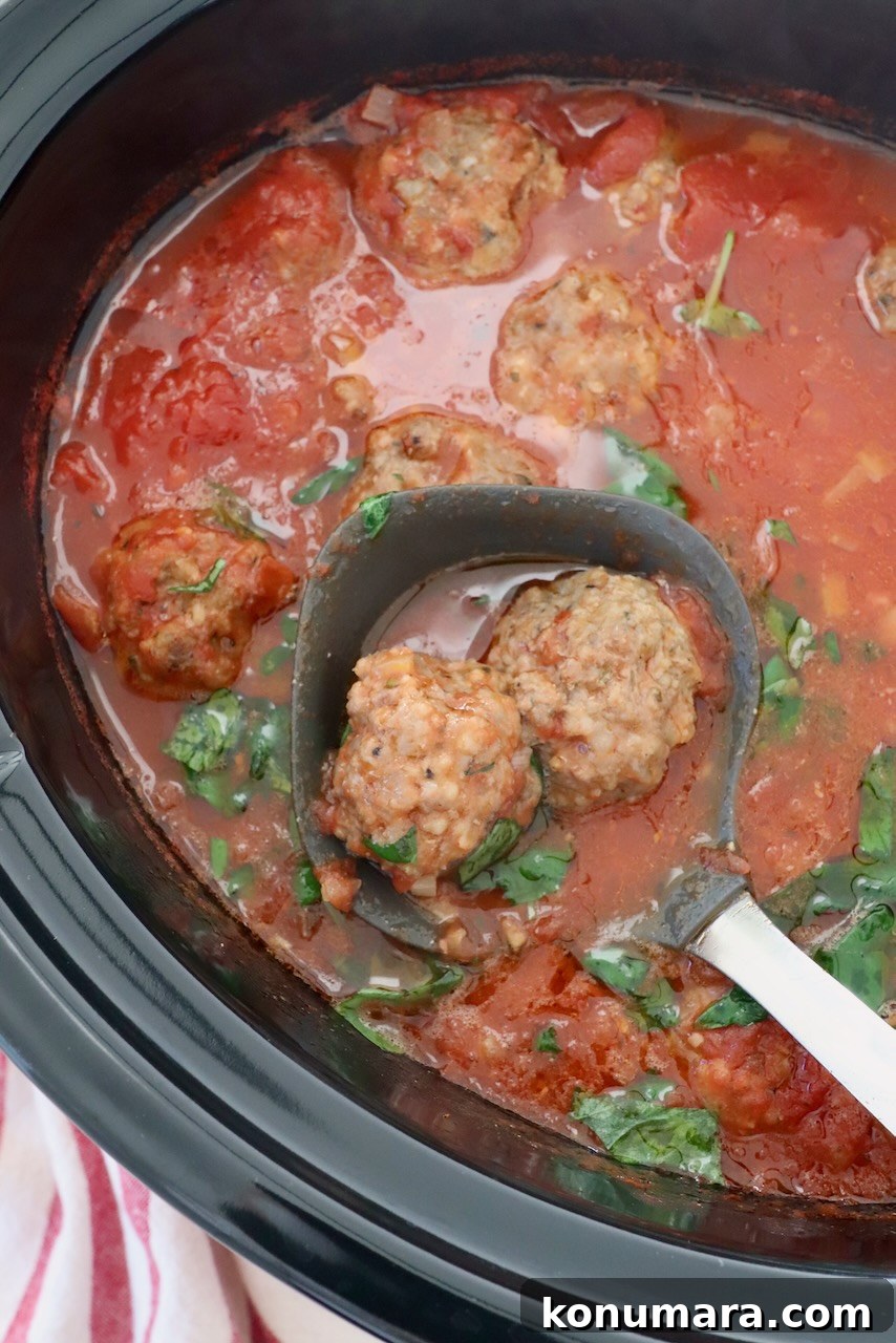 Slow Cooker Meatballs with Marinara Sauce Recipe 7 cooked meatballs in tomato sauce with serving spoon in a slow cooker