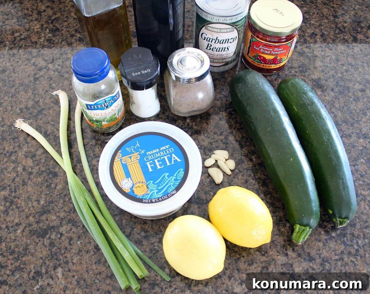 Greek Zucchini Noodles with Feta and Olives 3 Greek Zucchini Noodles Ingredients on a granite countertop