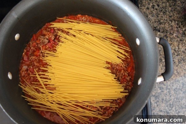ground beef tomato sauce topped with spaghetti noodles in a large pot