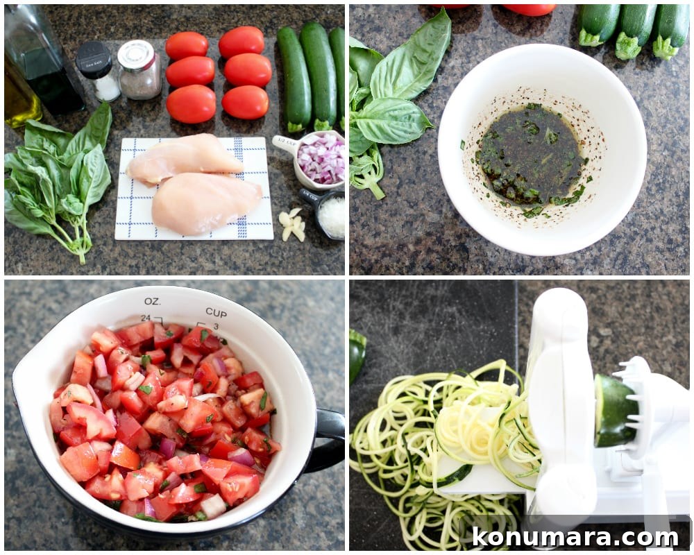 Instructional image of how to make bruschetta chicken zoodle bowls