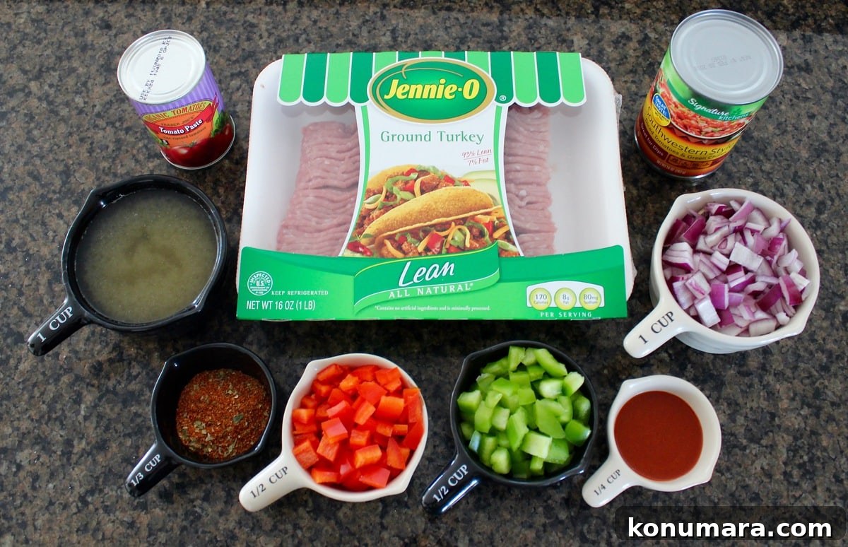 Sloppy Joe Taco Recipe Ingredients arranged on a countertop.