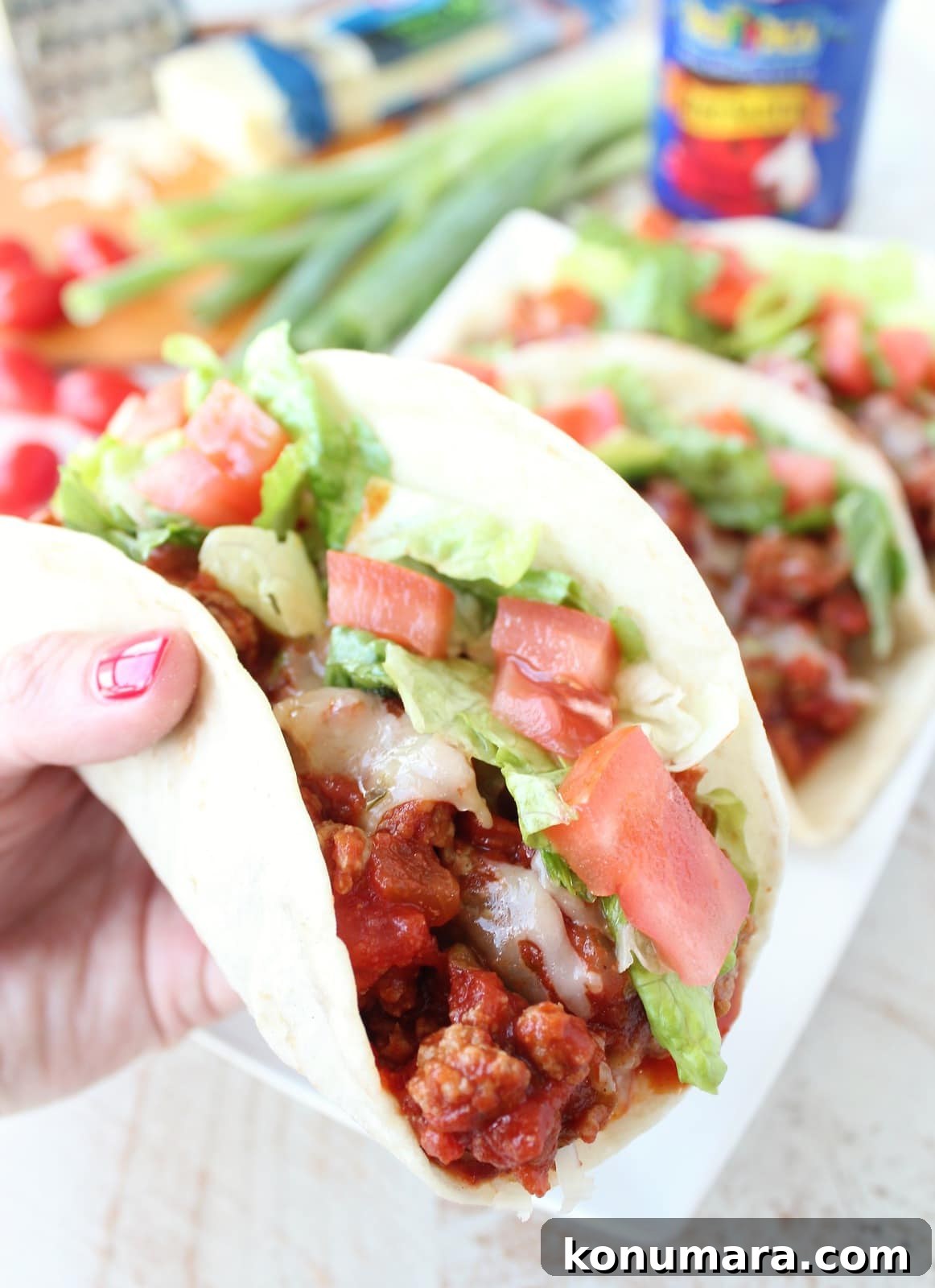 A hand holding a sloppy Joe taco.