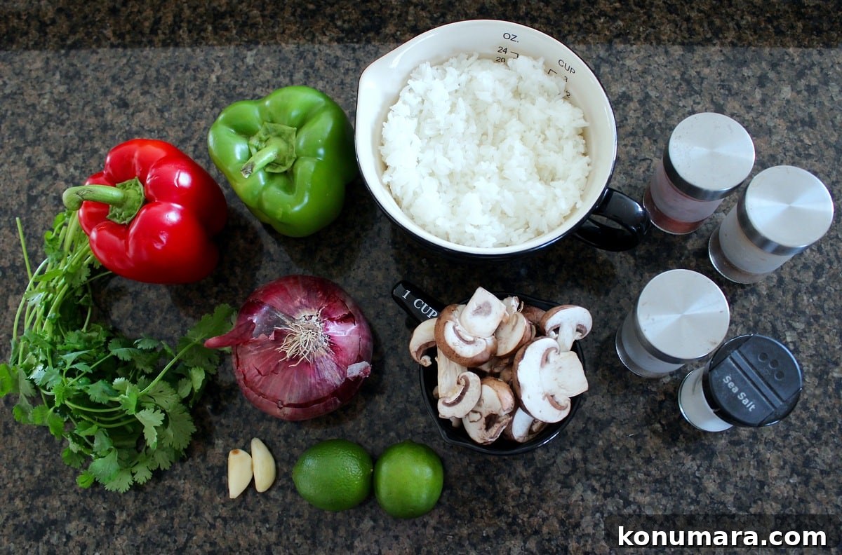Vegetarian Fajita Rice Bowl with Peppers and Black Beans 3 Veggie Fajita Bowl Ingredients on dark marble countertop