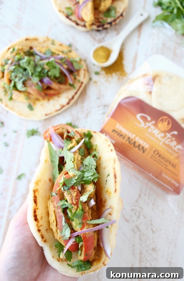 Indian Tacos with Yellow Curry Chicken on Mini Naan Bread