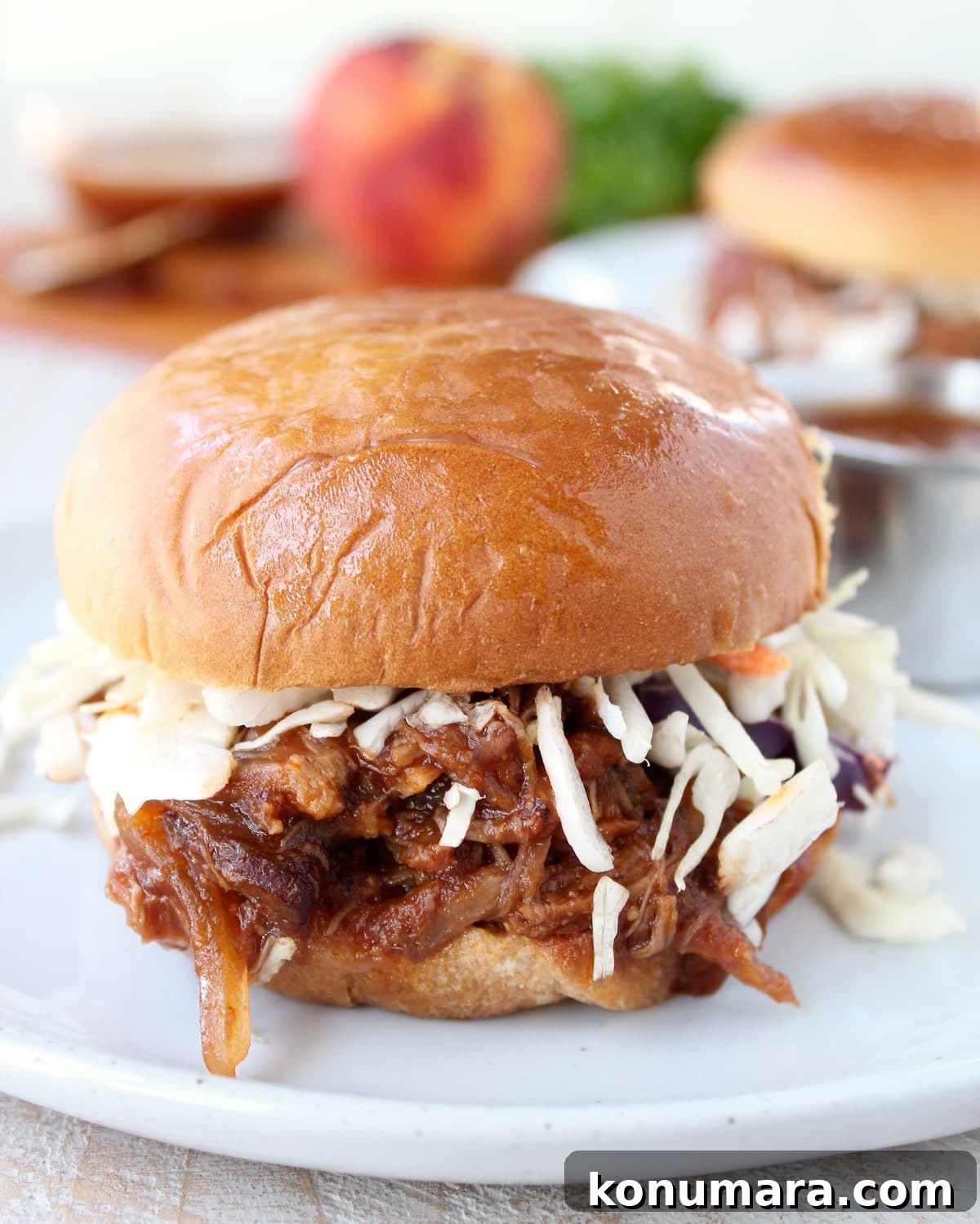 Slow-Cooker Peach BBQ Pulled Pork Sandwich Recipe 2 Slow Cooked Peach BBQ Pulled Pork Sandwich