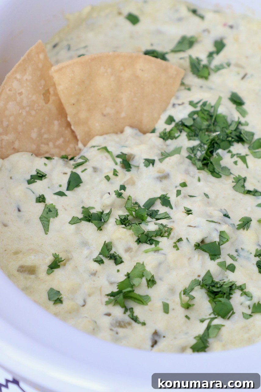 Queso blanco dip in slow cooker with tortilla chips