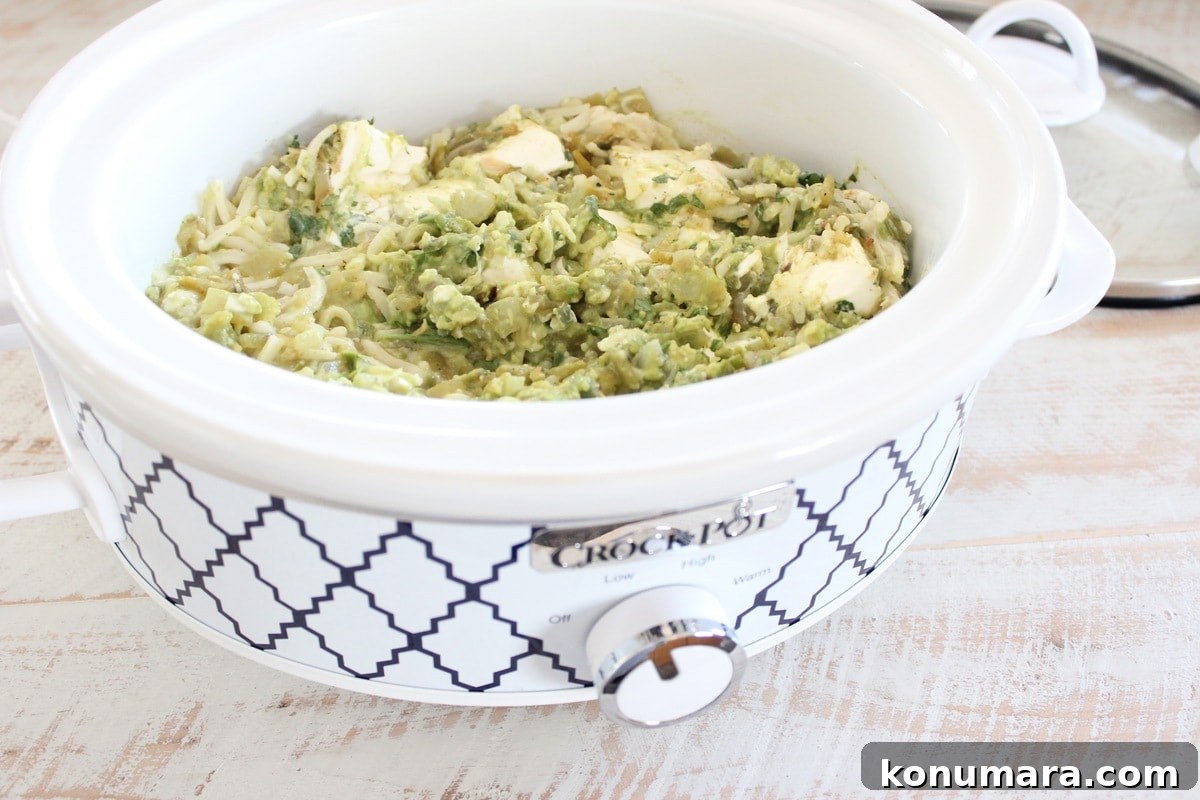 Green chile queso blanco dip in crock pot