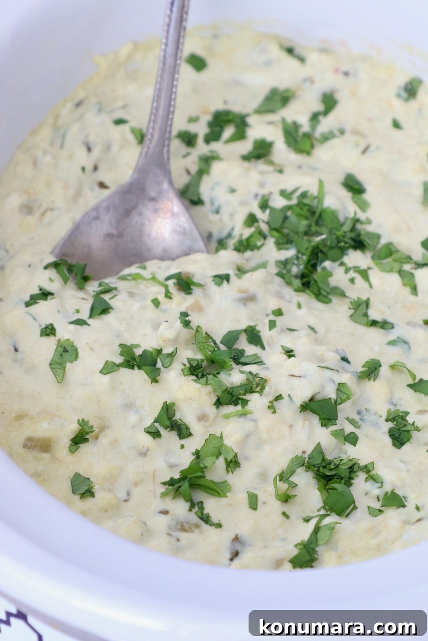 White queso in slow cooker with serving spoon