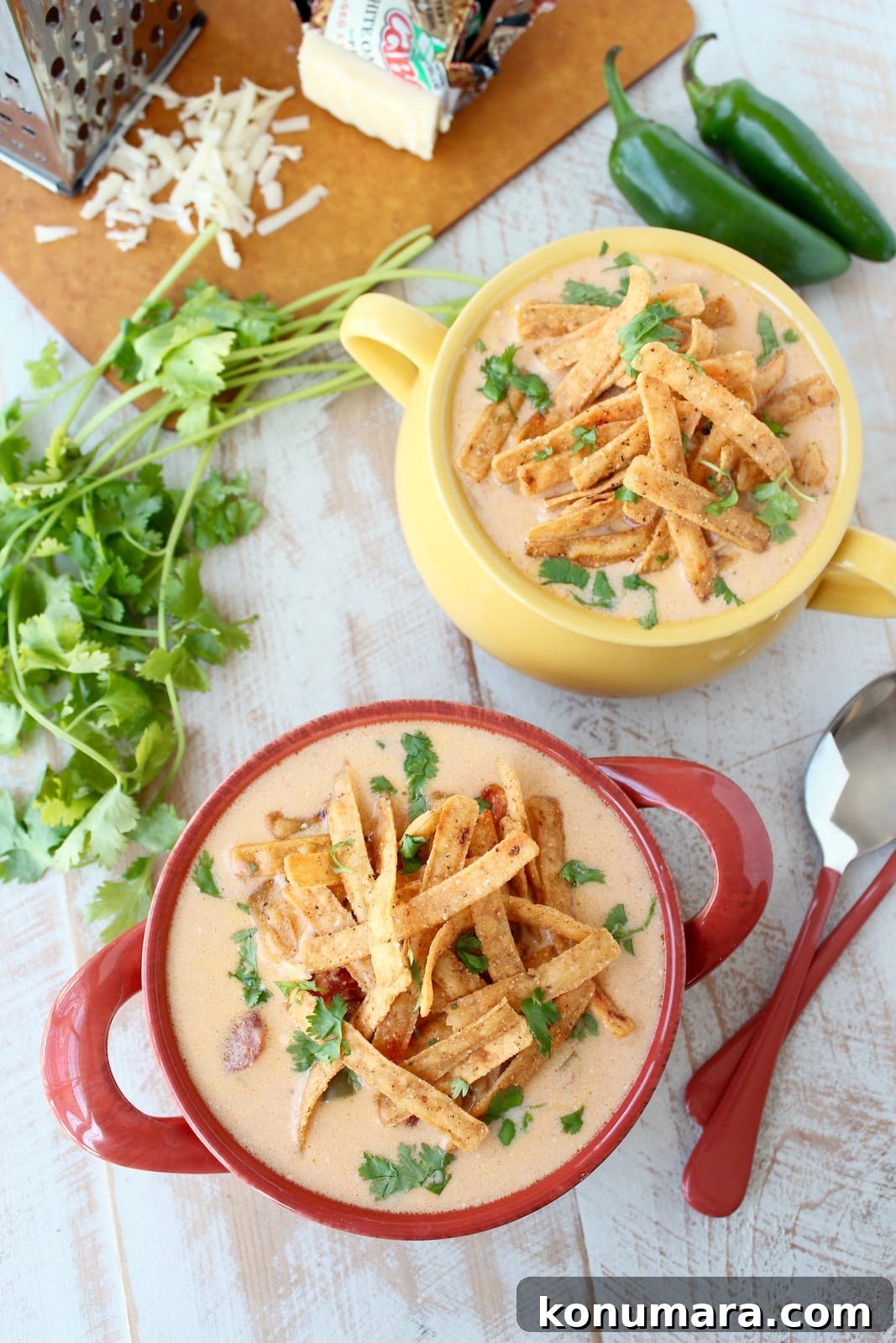Slow Cooker Cheesy Turkey Taco Soup Recipe 8 Two bowls of cheesy taco soup on a wooden surface next to two spoons and fresh cilantro.