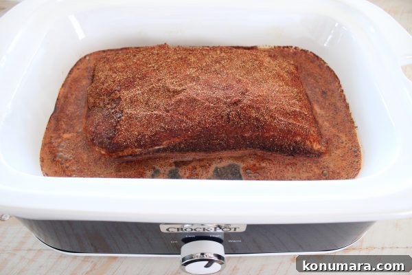 Slow Cooker Smoky Chipotle Brisket Tacos 4 seasoned brisket in slow cooker with liquid