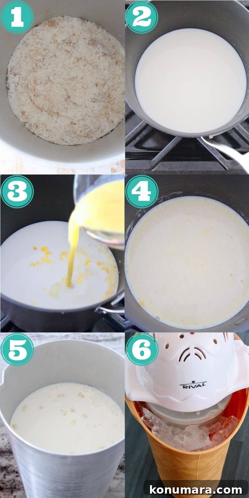 Classic Old-Fashioned Vanilla Ice Cream 5 collage of images showing how to make vanilla ice cream with an ice cream maker