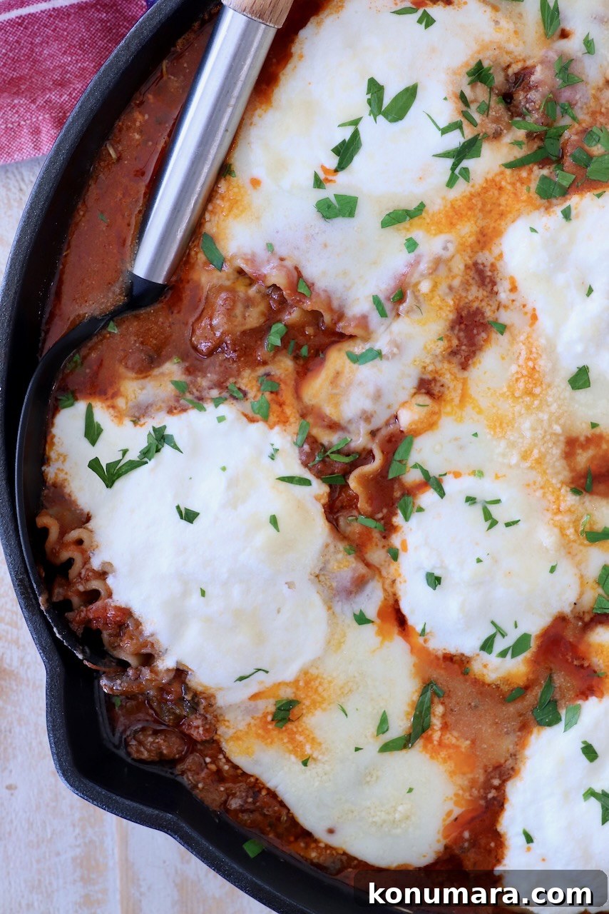 prepared lasagna in skillet with serving spoon
