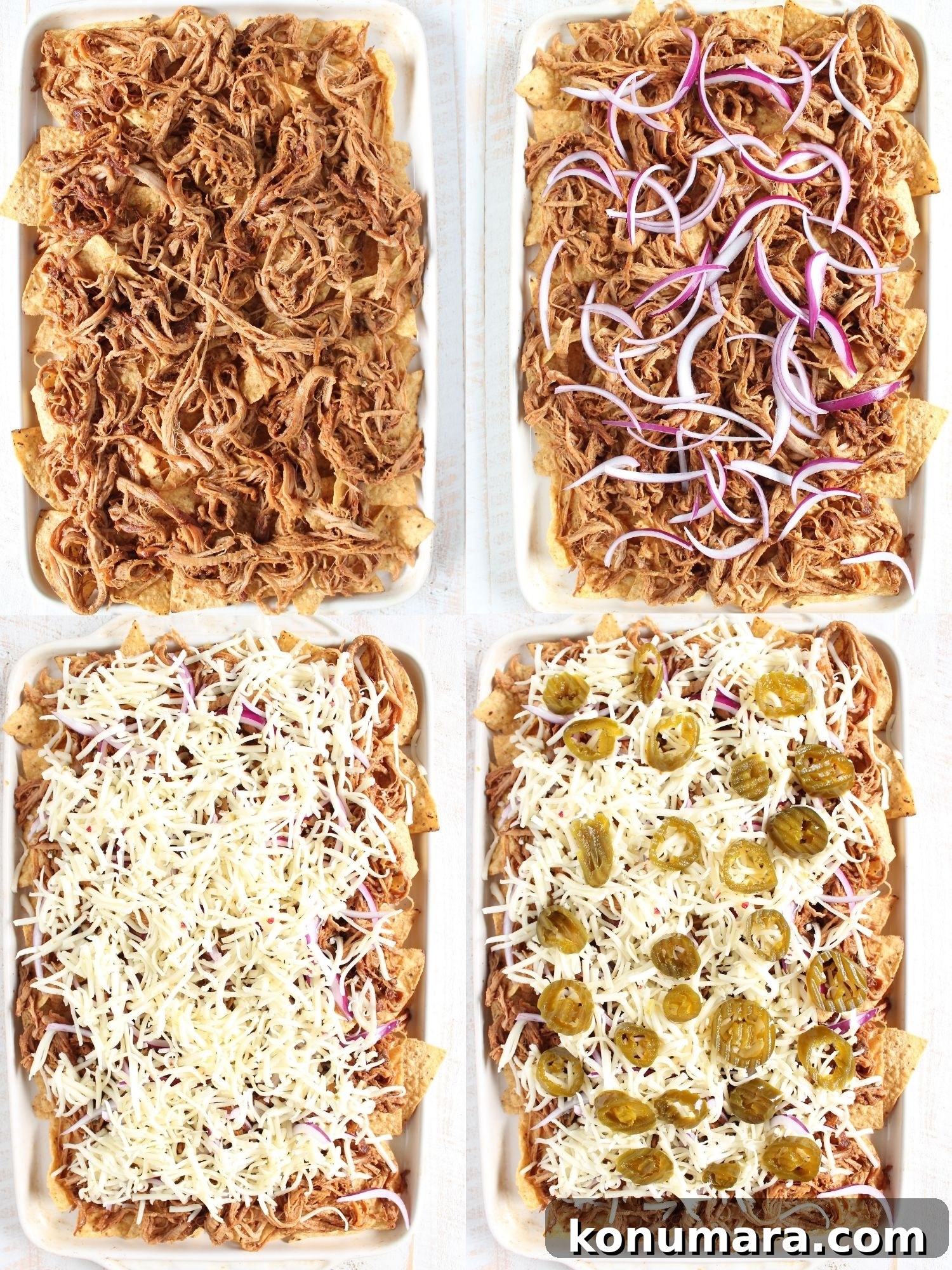 Loaded Pulled Pork Nachos Recipe with Tangy BBQ Sauce 4 collage of images showing how to make pulled pork nachos