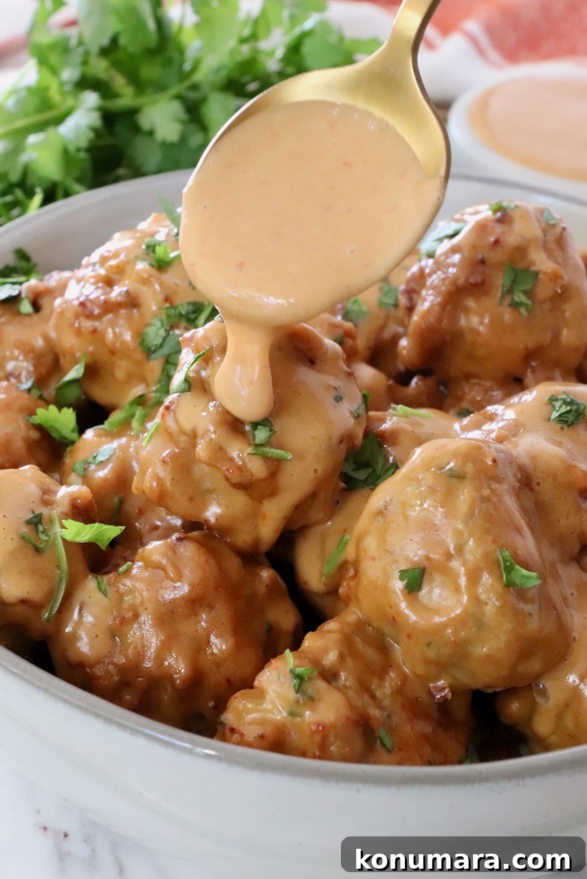 meatballs in bowl with spoon of peanut sauce drizzling over the meatballs