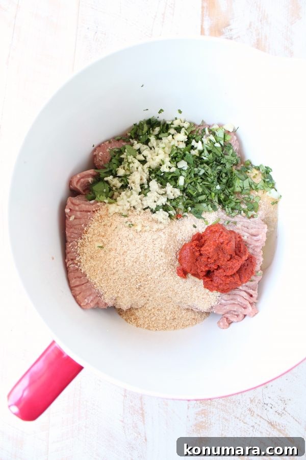 ground turkey with herbs, red curry paste and breadcrumbs in a large mixing bowl