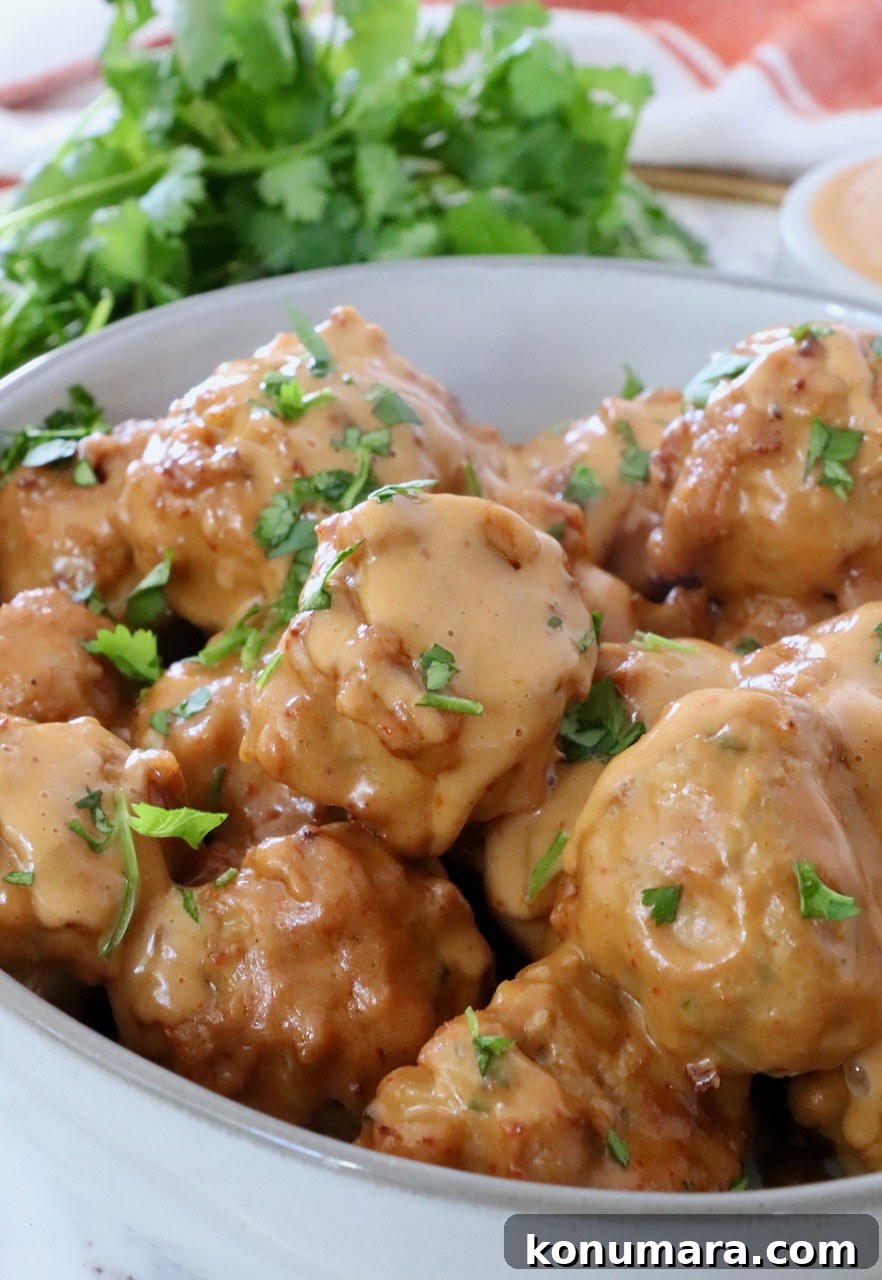 meatballs covered in Thai peanut sauce in a bowl