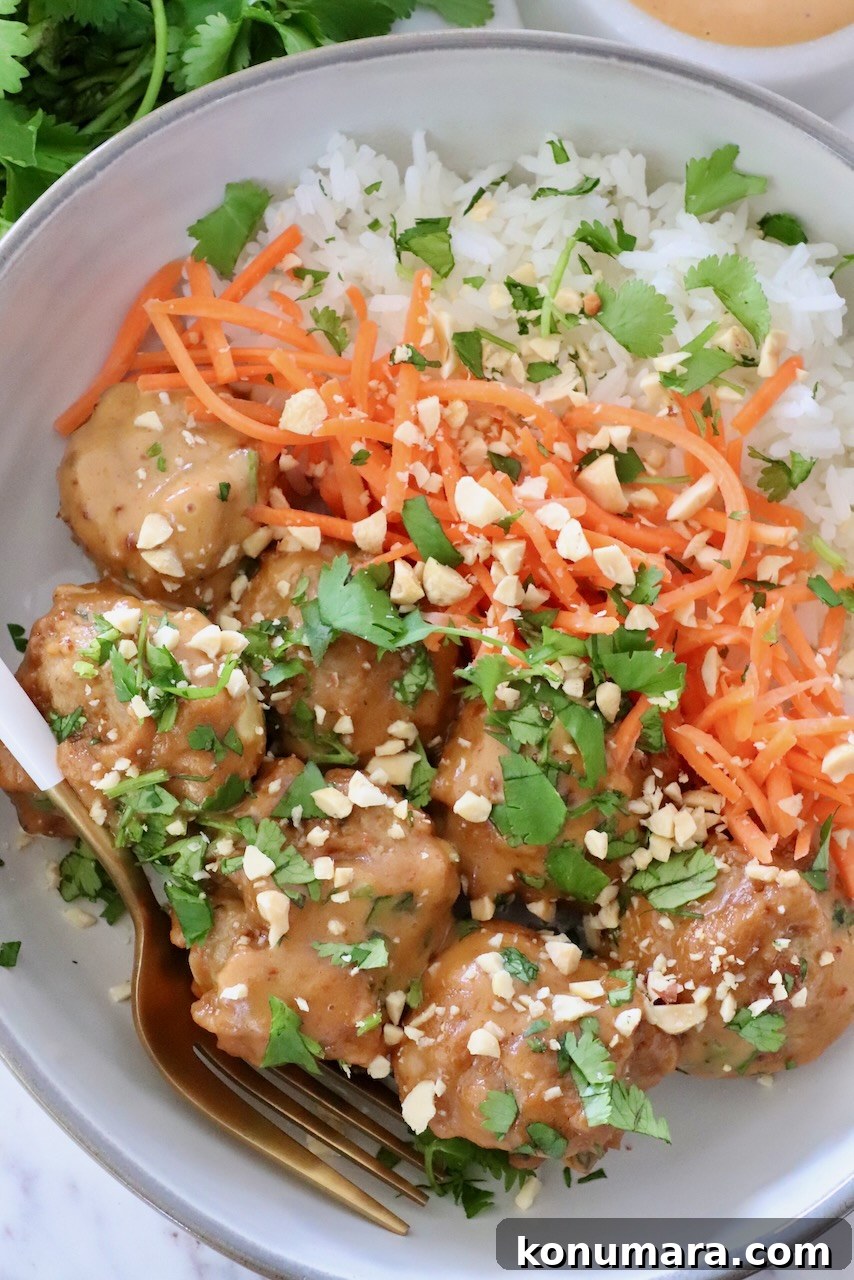 meatballs covered in peanut sauce in a bowl with rice and carrots